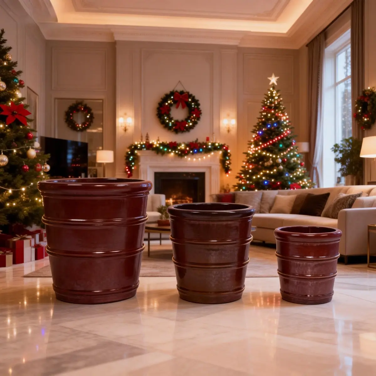 Aobtkel Handmade High-Fire Ceramic 3-Tier Stackable Flower Pots Set (16/13/10in Dia) - Horizontal Ribs, Breathable Clay, Deep Reddish-Brown, Drainage Support, Decorative Garden Planter for Monstera, Outdoor Planter Boxes, Patio Use, Patio Planters