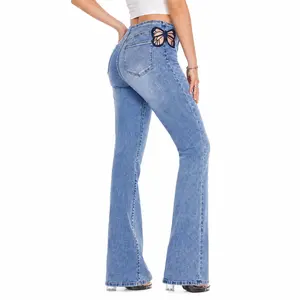 CANANA Butterfly Lace High Rise Flared Jeans Women Mid Blue Wash Denim SH25F04 Spring denim Statement