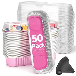 Mini Cake Pans 50 Packs with Lids & Spoons - Rectangular Aluminum Foil Tins for Baked Desserts, Lightweight & Sturdy Containers