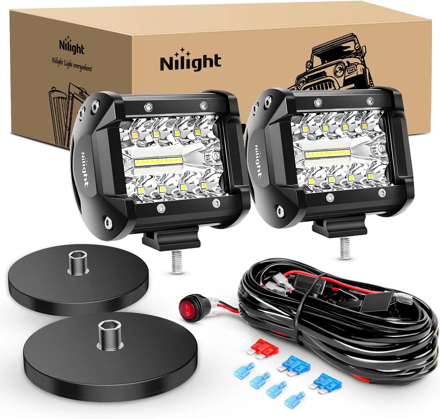 Nilight 2PC 4In LED Light Bars Car, 60W Power Triple Row 6000LM Flood-Spot Combo Off-Road LED Work Lights for Trucks, Boats, with 2PC Magnetic Base Mounting Brackets, Switch Wiring Harness, Rubber Seal Bright Lighting