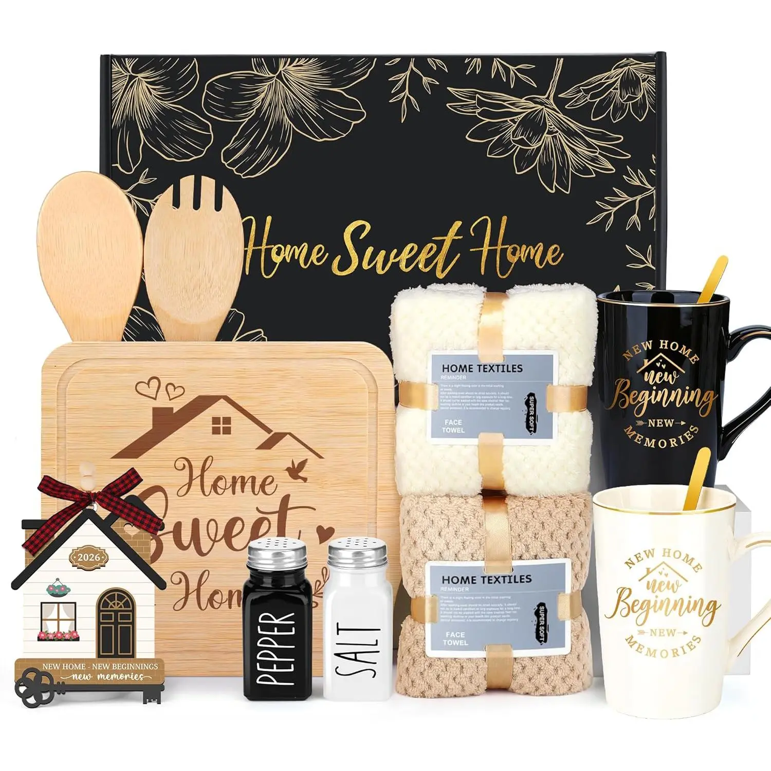PRADNEL Housewarming Gifts for New Home, Wedding Gifts for Newlyweds, Creative Gift Box with Coffee Mugs, Wooden Cutting Board, Seasoning Jars & Decorative Ornaments