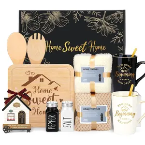 PRADNEL Housewarming Gifts for New Home, Wedding Gifts for Newlyweds, Creative Gift Box with Coffee Mugs, Wooden Cutting Board, Seasoning Jars & Decorative Ornaments