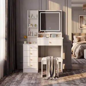 Vanity Desk with Mirror and Lights,Makeup Vanity Table with 5 Drawers and 4 Storage Shelves ,  3 Lighting Colors,Dressing Table for Women Girls Bedroom, White Pantry LED Dresser living room closet organizer