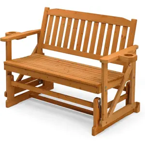 Karlhome 2-Person Outdoor Glider Bench, Patio Glider with Cup Holders, Outdoor Rocking Chair Loveseat for Backyard Garden Porch, Teak