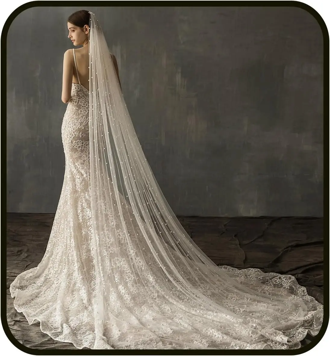 Ursumy Pearl Wedding Veils Flower Cathedral Bridal Veil 118’’ Veils for Brides 1 Tier Fingertip Length Drop Veil Hair Comb