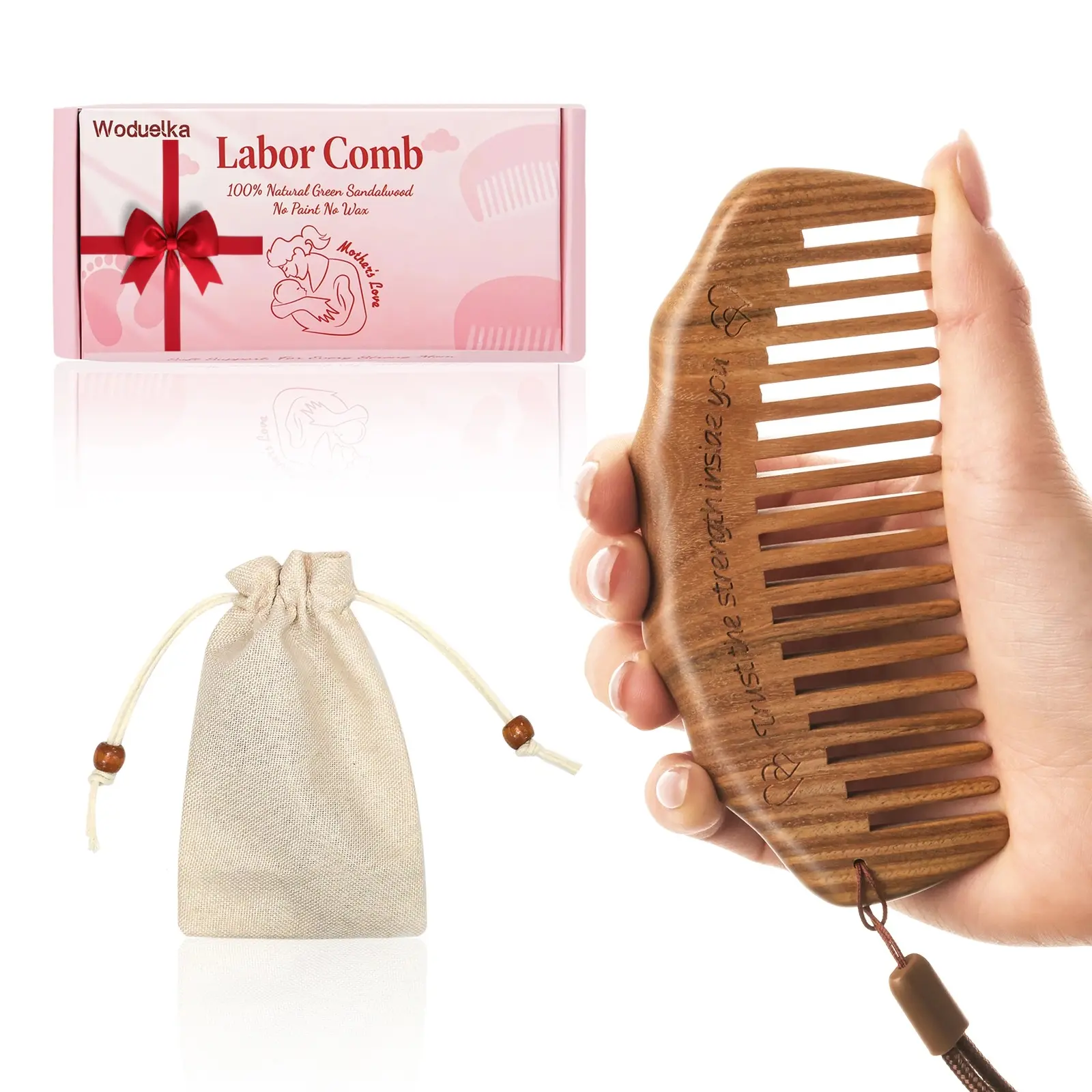 Natural Green Sandalwood Wide-Tooth Single Comb with Wood Bristles - Gentle Comb Design, Pregnancy Hospital Bag Essential for Expectant Moms, Curly Hair Detangler