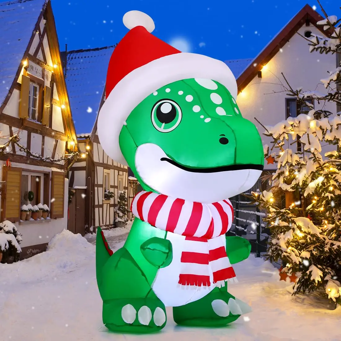 GOOSH 5ft Realistic T-Rex Christmas Inflatable Blow-Up Yard Decoration, Outdoor Holiday Decor with Built-In LEDs & Xmas Hat, for Garden, Lawn