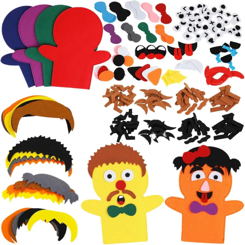 Soft Felt DIY Craft Hand Puppet Kit for Preschool+ Kids, 1 Set Customizable Make-Your-Own Character Puppets with Mix-and-Match Facial Decor Parts, Parent-Child Roleplay Art Toy