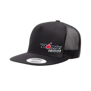 FLAT BILL BLACK SNAPBACK TRUCKER HAT WITH BOMBER LOGO