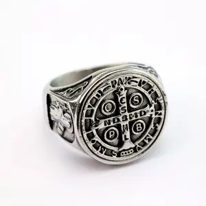 Vintage Stainless Steel St. Benedict Cross Ring | Masculine Engraved Statement Band
