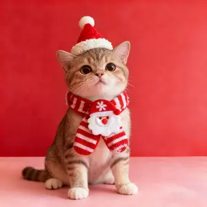 Thick pet Christmas scarf, cat neck warmer, red Santa hat, senior dog bib, large dog set
