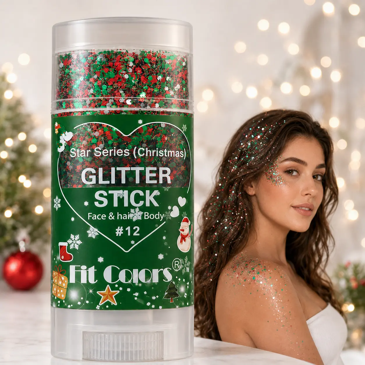 Christmas Glitter Stick – Red, Green & Silver Sparkle for Face, Hair & Body, Festive Holiday Makeup for Christmas Parties & Events