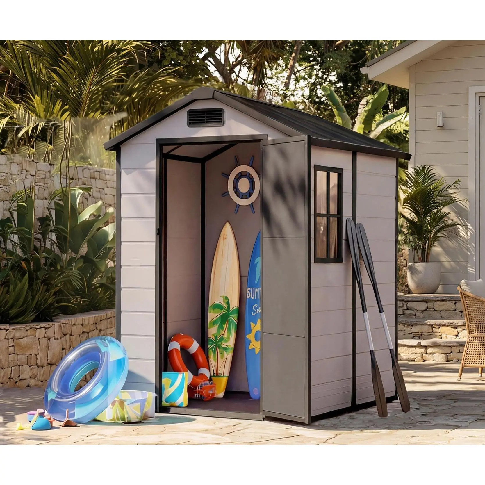 4x6 ft Outdoor Storage Shed with Floor, Plastic Resin Garden Shed with Window & Lockable Door, Tool Shed for Patio, Backyard, Lawn Mower, Bike Storage, Gray and Black