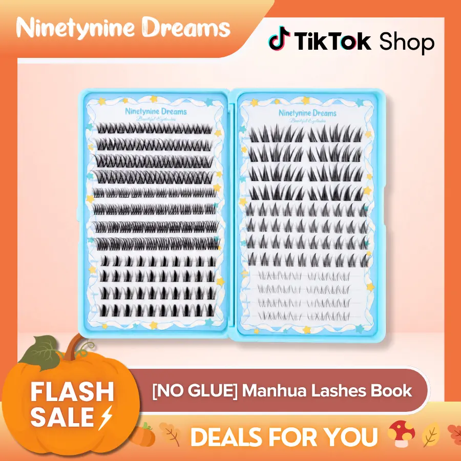 Ninetynine Dreams [NO GLUE] MANHUA LASHES BOOK | includes 6 Styles of Anime Manhua Douyin False Eyelash Clusters — Natural to Dramatic Upper & Bottom Lashes, Reusable Long-Lasting Ultra-Thin Band Individual Eyelashes Travel Friendly Lash Set for Beginners