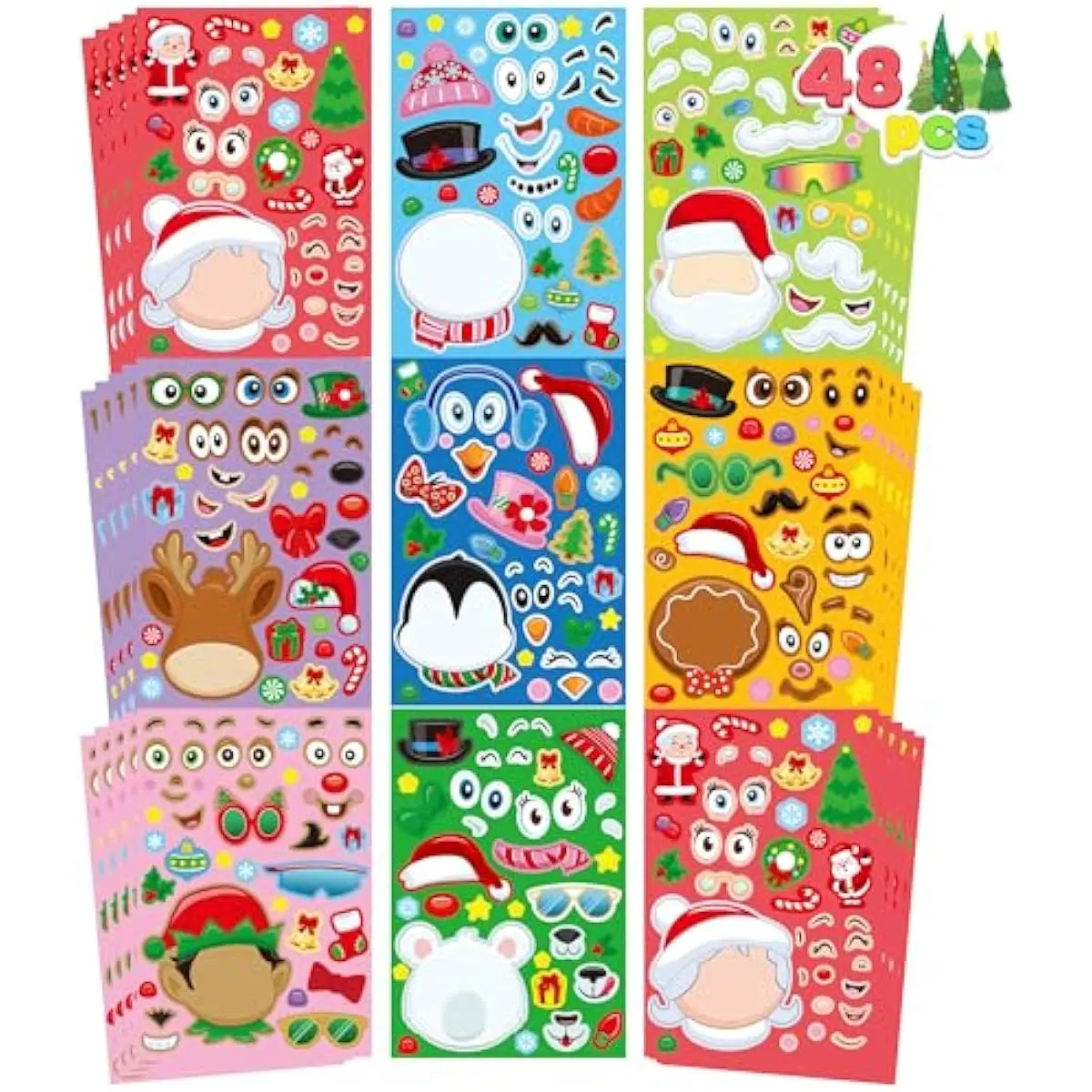 48 Pcs Christmas Make-a-face Sticker Sheets Make Your Own Characters Mix and Match Sticker Sheets with Santa Santa, Reindeer, Gingerbread, Snowman and Elf, Kids Party Favor Supplies Xmas Craft