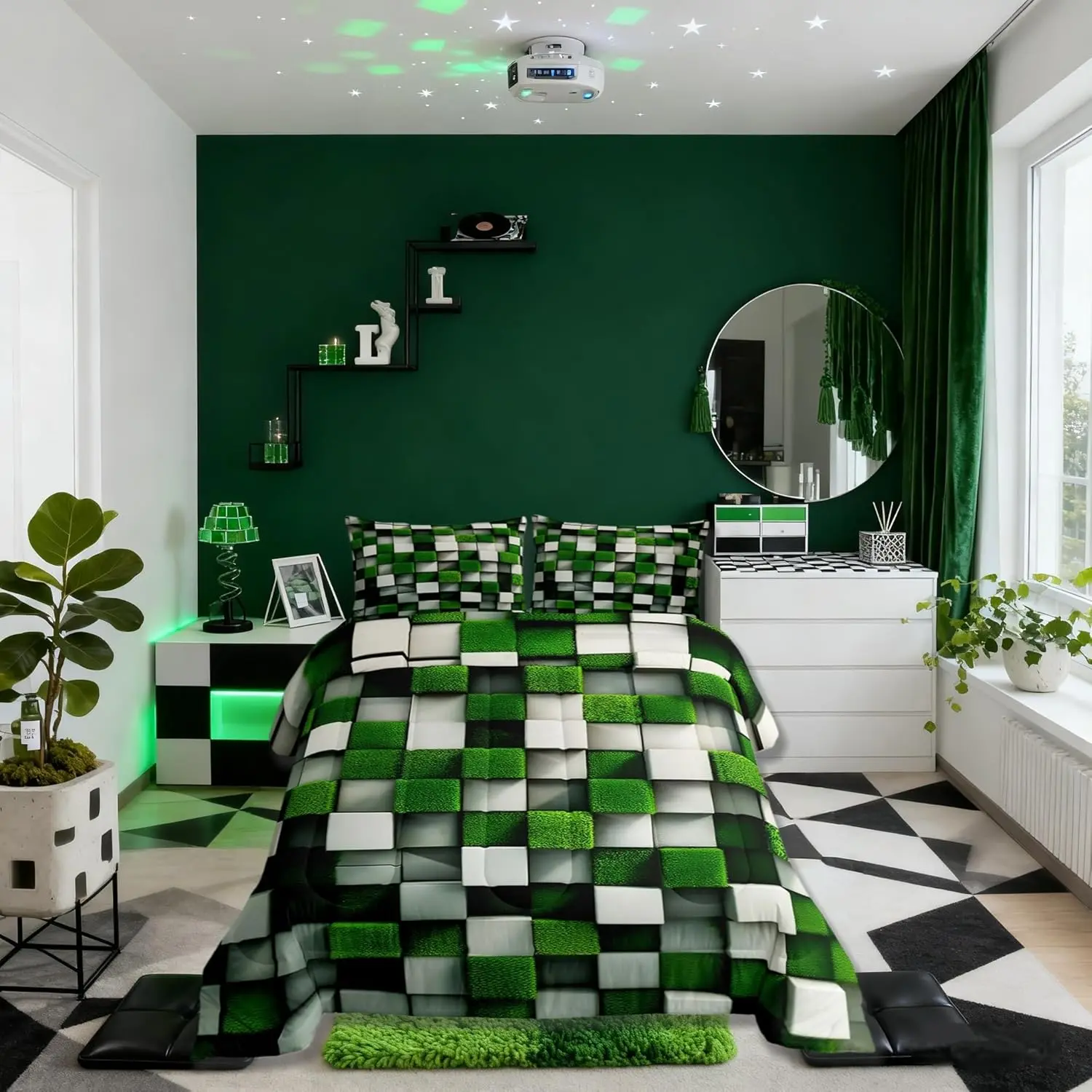Pixelated Miners Game Bedding Set,Video Games Cartoon Gamepad Comforter Set，Modern Geometric Check Quilt Comforter,Green White Room Decor All Season