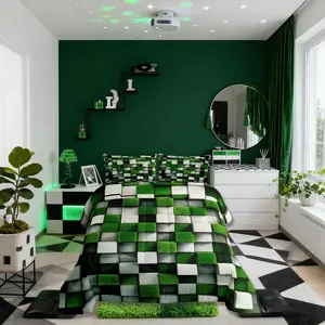 Pixelated Miners Game Bedding Set,Video Games Cartoon Gamepad Comforter Set，Modern Geometric Check Quilt Comforter,Green White Room Decor All Season