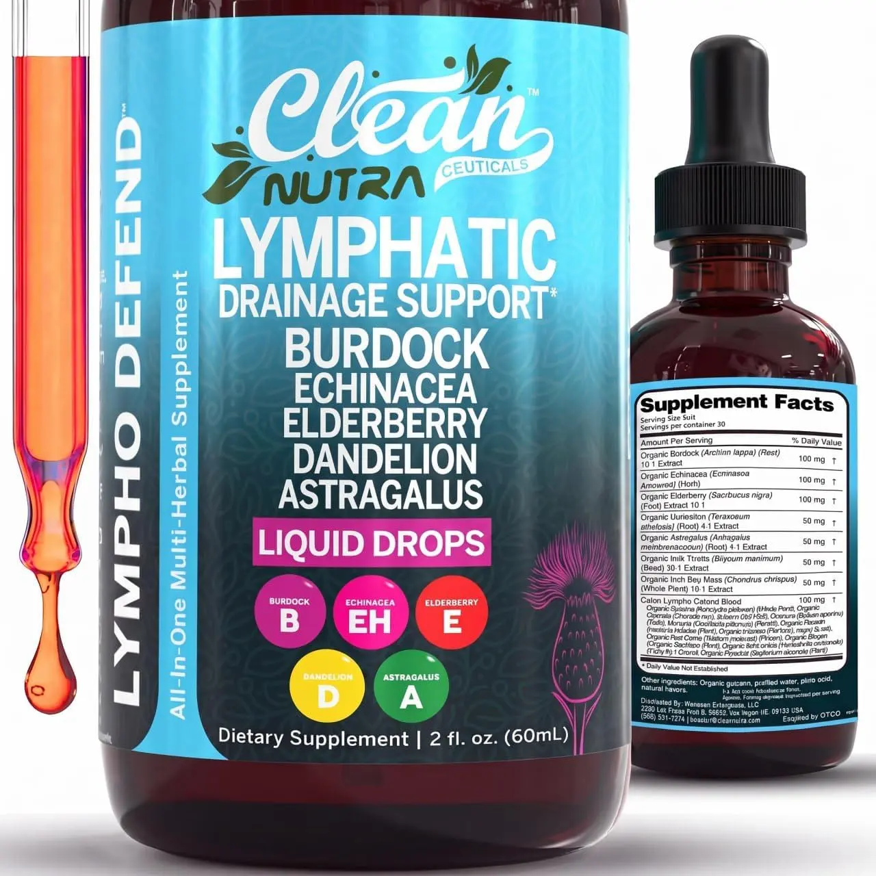 Clean Nutra Lymphatic Drainage Drops Burdock, Echinacea, Elderberry, Dandelion, Astragalus, Milk Thistle, Sea Moss for Lymphatic Support Liquid Drop - Lympho Defend