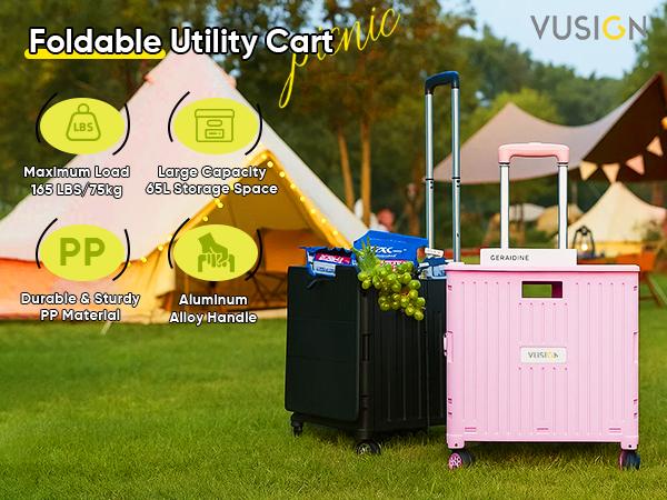 VUSIGN Folding Utility Cart, Foldable Rolling Crate Handcart with Lid, Portable Collapsible Shopping Trolley Box, 4 Rotate Wheels for Grocery, Office, Travel, Teacher, Luggage, Black