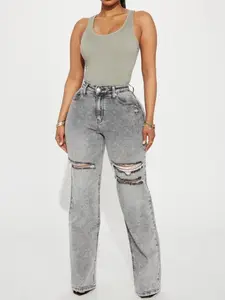 Remi Ripped Stretch Baggy Jeans - Grey High-Waisted Distressed Denim for Women