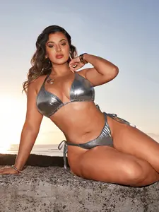 LUSHLACE  Plus Size Metallic Halter Strap Splicing Bikini Set Summer