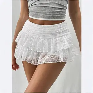 Women's  Lace Mini Skirt Women Low Rise Pleated Ruffle Tiered Half Slip Elastic Waist Flowy Mesh Sexy Short Underskirt