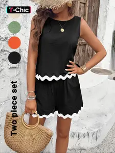 Women's Tank Top & Shorts Two-Piece Set, Casual Sleeveless Fitted Set for Summer, Ladies Clothes for Daily Wear