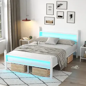 Twin-Full Bed Frame with Steel Slats Support, LED Lighting, USB Charging Station, Mattress Foundation, Under-Bed Storage & Noise-Free Modern Design, Space-Saving Furniture for Apartment Bedrooms, Full Size Bed summerwins