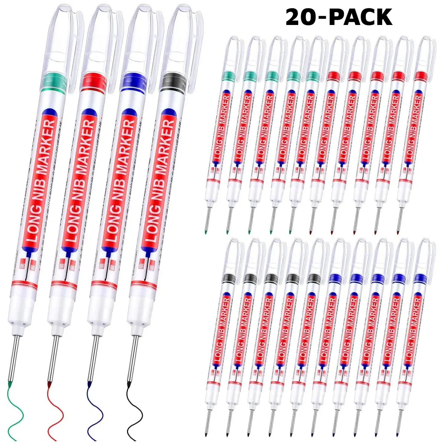 20Pcs Multicolor Permanent Marker Pens Long Nib Set - Multi Purpose Pens with 20mm Tip Deep Hole Markers, 3cm Ruler for Precision, Quick-Drying Waterproof Office Stationery for Walls, DIY Crafts, Home Improvement, Shatterproof Design