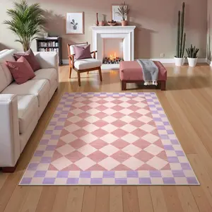 Pink Plaid Rug, Checkered Rug, Machine Washable Rug, living room carpet, soft comfortable floor mat, non-slip area rug, checkerboard carpet, washable easy to clean, for living room, bedroom and kitchen, durable non-slip floor mat