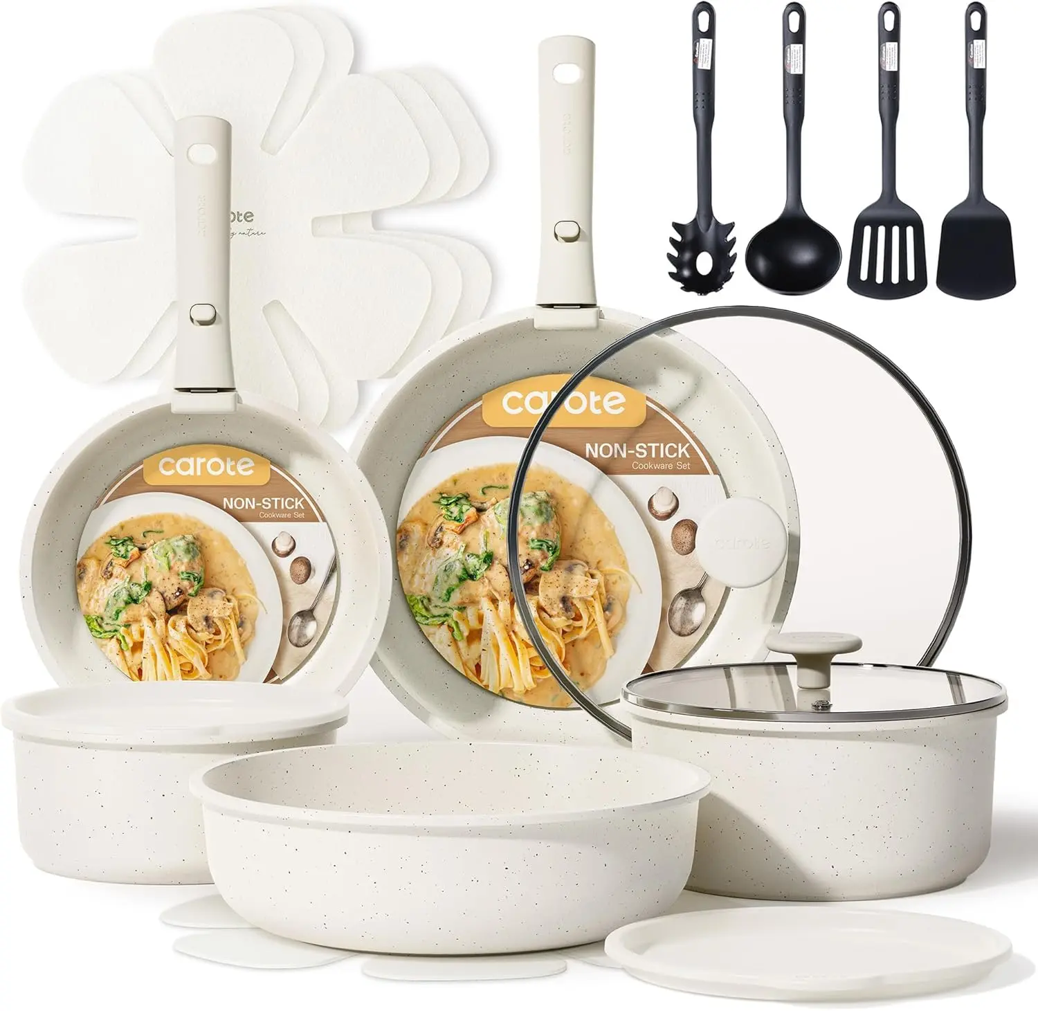 CAROTE 19pcs Pots and Pans Set Non Stick, Detachable Handle Cookware | Kitchen Cooking Sets, Space Saving, Dishwasher & Oven Safe, Non-Toxic, for Camping/RV/Traveling, Cream White