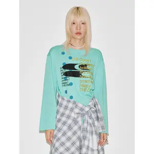 URBAN REVIVO 2026 Spring Women's Streetwear Casual Longsleeve Tshirt - Polka Dot Round Neck, Thin Polyester-Viscose-Cotton Blended Clothes, UYV460065