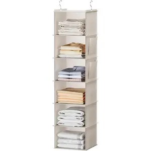 Hanging Closet Organizer, 6-Shelf Closet Hanging Storage with Side Pockets, Beige