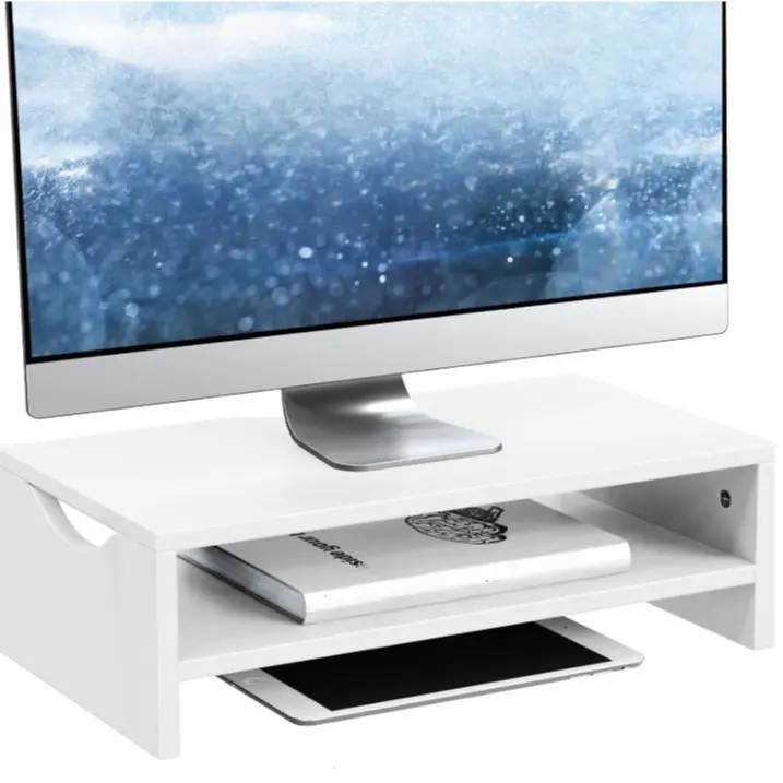 2 Tiers Laptop Computer Monitor Riser for PC Screen, Desktop Wooden Screen Stand Riser with Storage Home Office