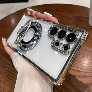 Four-corner air cushion anti-fall transparent electroplated magnetic suction bracket protective case suitable for Samsung Galaxy S24 S23 S22 S1 Ultra