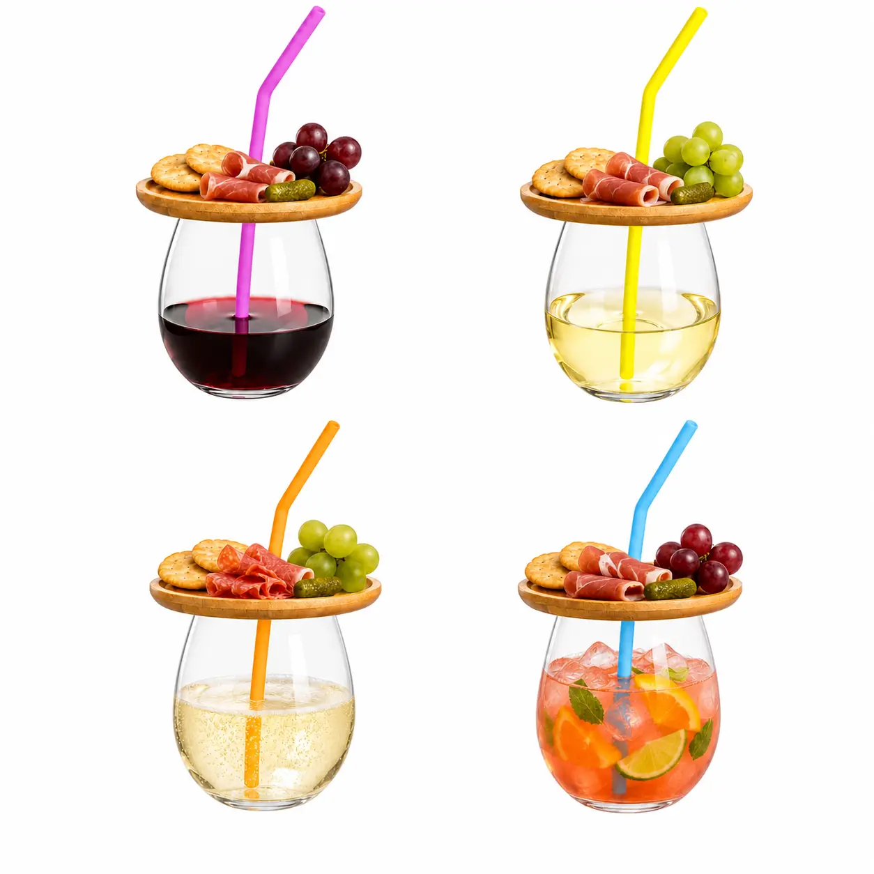 Glasseam Wine Glasses with Charcuterie Topper, 15oz Set of 4 | Lead-Free Hand Blown Crystal, Natural Bamboo Lid, 4 Color Reusable Silicone Straws, One-Handed, Glass Dishwasher-Safe