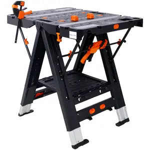 Portable Folding Work Table, 2-in-1 as Sawhorse & Workbench, Large Load Capacity with 2pcs Clamps
