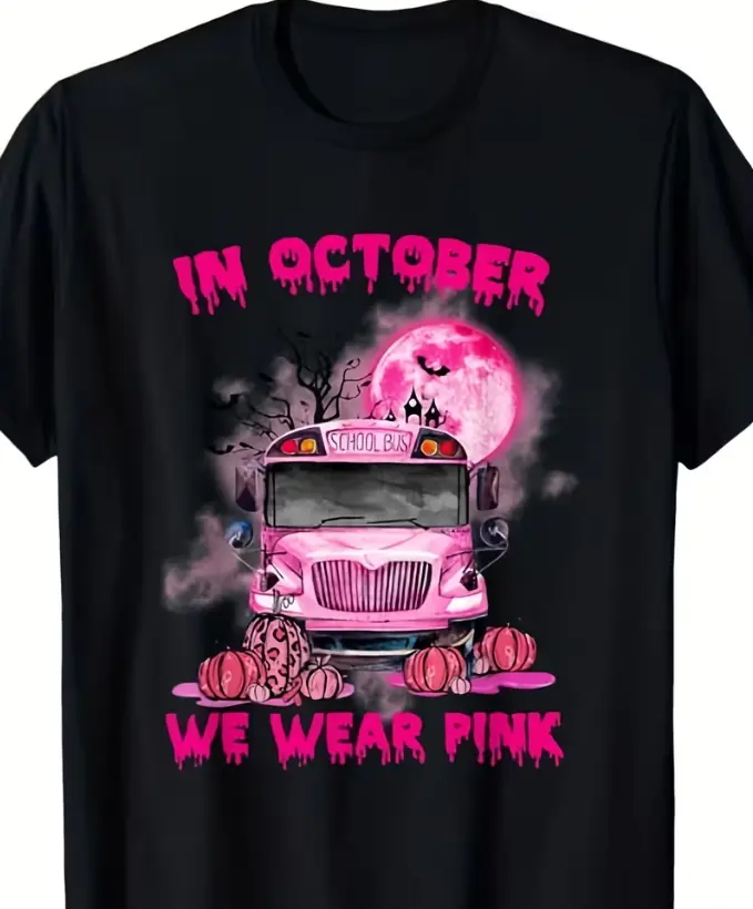 Women's 2026 Summer Short-Sleeve Pink School Bus Breast Cancer Awareness Graphic T-Shirt - 1800G Pure Cotton, Round Neck, Loose Relaxed Fit, Lightweight Breathable Durable Print Tops, Unisex Casual Everyday Wear, Shortsleeve