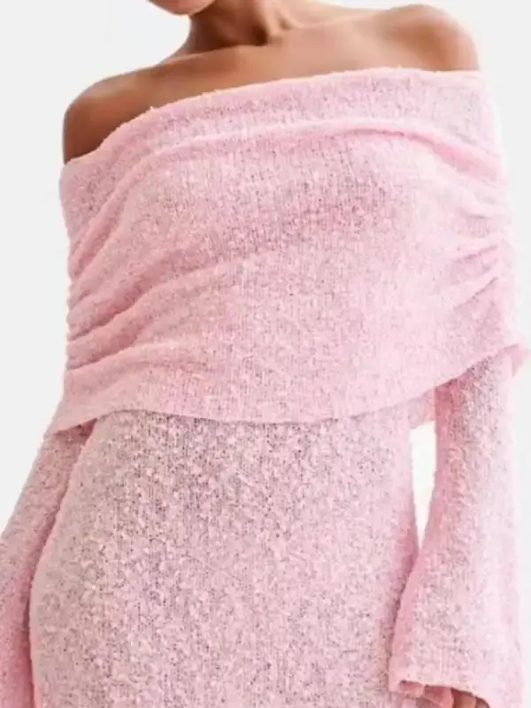 Women's Solid Off Shoulder Sheer Cover Up Dress, Casual Long Sleeve Cover Up Dress for Beach Holiday Vacation, Ladies Pink Clothes for All Seasons