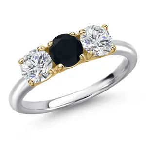 Gem Stone King 925 Silver and 10K Yellow Gold Black Onyx and Lab Grown Diamond Engagement Ring For Women | 1.48 Cttw | Round 5MM | Gemstone December Birthstone