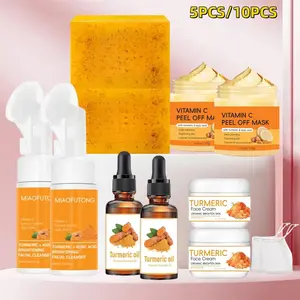 Turmeric Skincare Set, Soap, Mousse Cleanser, Oil, Peel-Off Mask and Face Cream, Deep-Cleansing and Nourishing Skin Brightening Kit for Women and Men, Turmeric Facial Set, Skin Care Sets