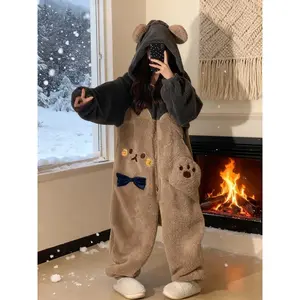 Women’s  Bear Onesie Pajamas, Plush Fleece Hooded Loungewear with Ears and Pockets, Soft Cozy Animal Jumpsuit Sleepwear for Winter Home Wear