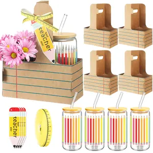 4 Set Back to School Teacher Gifts Cup Holders with 16 oz Glass Cups Pencil Card Ribbon School Supplies Themed 2 Cup Drink Carriers for Teacher Coworker Staff for First Day Class Fall New Semester Retirement Presents Classroom Office Party Favors