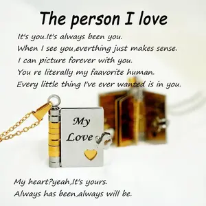 Couple Jewelry My Love Book Necklace – Flip Open Pendant Filled with Love Notes, Every Little Thing I’ve Ever Wanted Is in You, Perfect Present for Girlfriend, Boyfriend, Wife or Husband