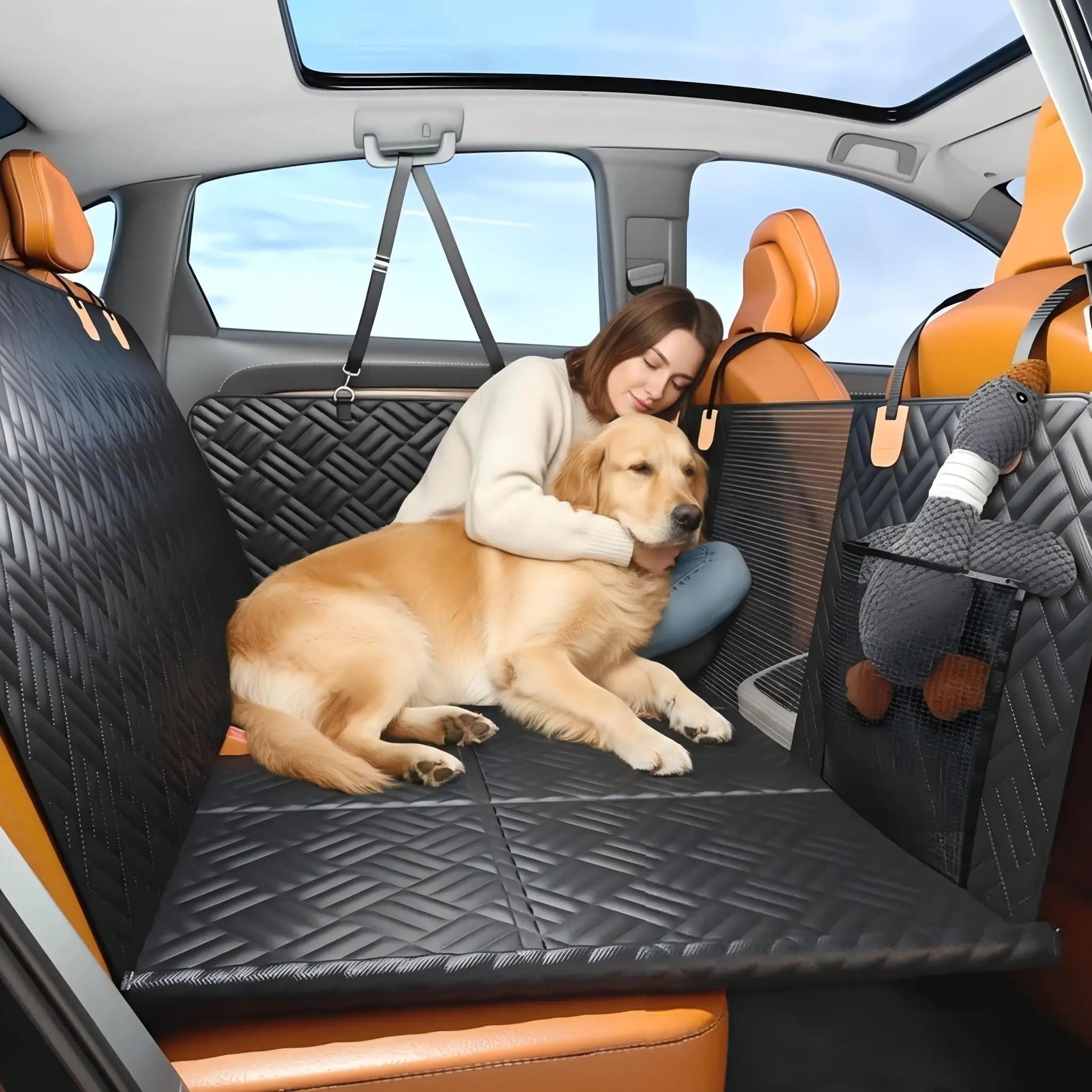 Dog Car Seat Cover with Hard Bottom Back Seat Extender – Supports Up to 400lbs, Waterproof Dog Hammock for Car, SUV & Truck pet cover, Zipper, Plaid