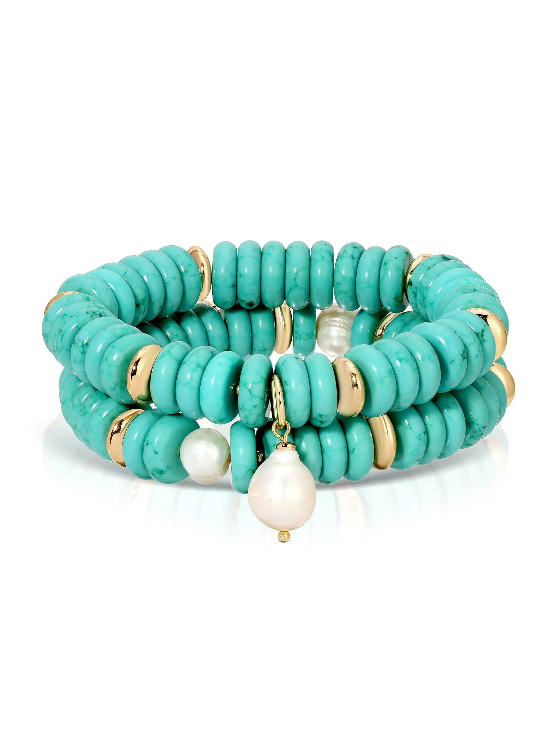 Amalfi Stretch Bracelet Set – Turquoise Bead Stackable Bracelets for Women | Ocean-Inspired Pearl & Gold Beaded Bracelet Set