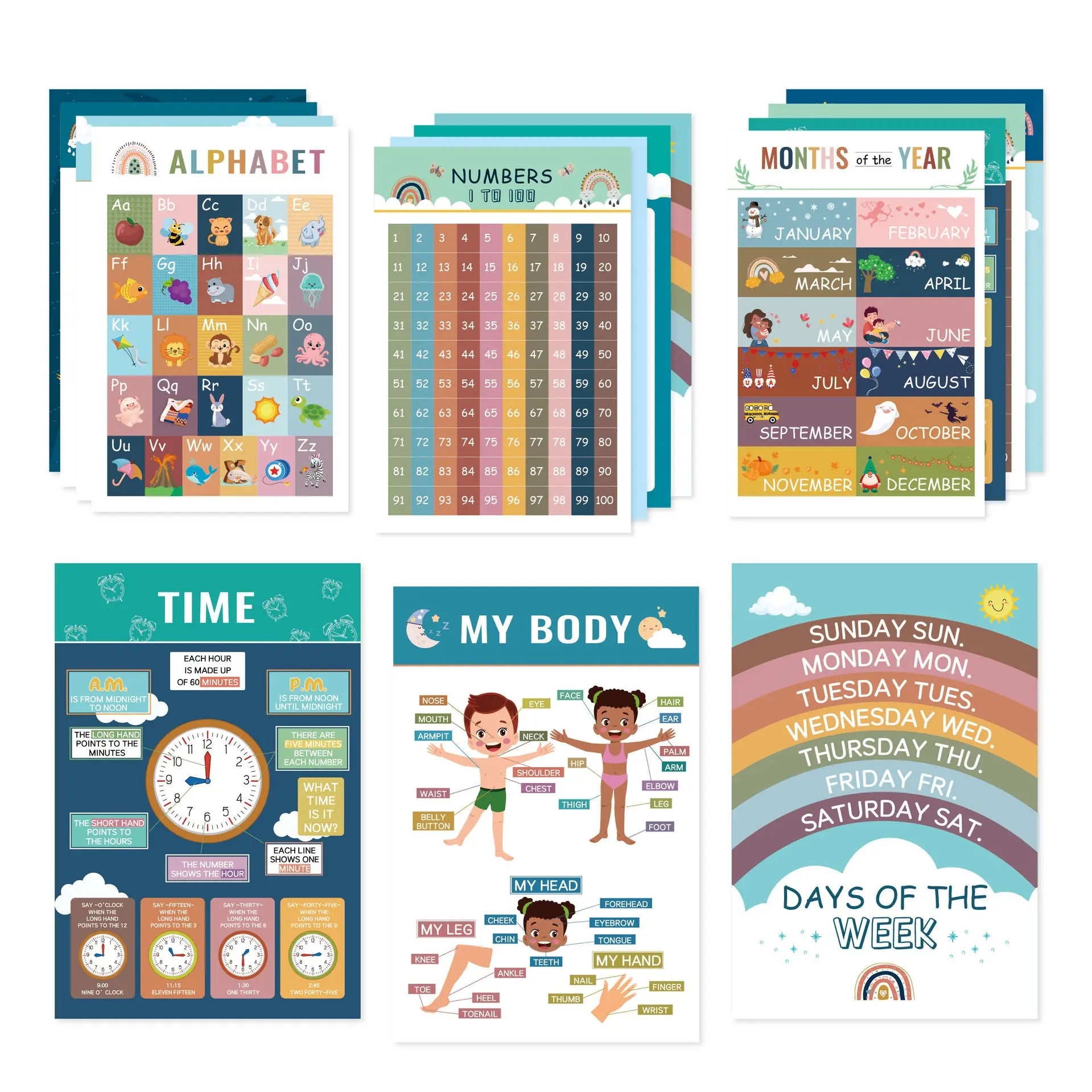 16 Modern Boho Educational Posters for Preschoolers - Laminated Pre-K and Kindergarten Learning Poster Charts Classroom Supplies Charts for Classroom Decor for Kids' Walls Learning Materials