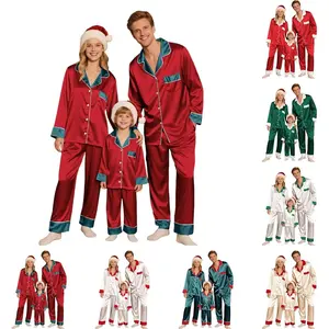 Christmas Pajamas for Family Silk Satin Holiday Matching Pajamas Sets Long Sleeve Button Down Comfy Loungewear Sets