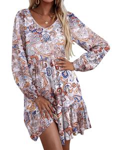 Women‘s Casual Tunic Dress V Neck Tiered Dress Long Sleeve Fit Swing Shift Dress with Pockets Loose Ruffled Dresses summerwins