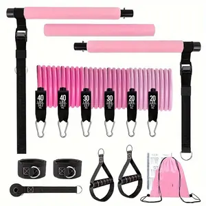 A multi-functional Pilates barbell set, equipped with resistance bands, ankle straps, elastic band, suitable for leg and glute training, 3-part adjustable for full-body workouts - pink and black, Yoga fitness equipment, ideal for women